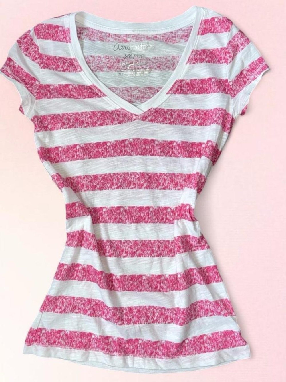 Aeropostale Pink and White Striped V-Neck Tee